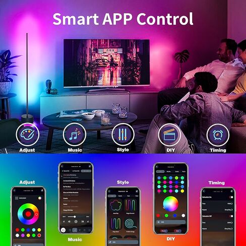 مصباح أرضي LED من KSIPZE، مصابيح أرضية زاوية RGB+IC مع جهاز تحكم عن بعد، زر، التحكم في التطبيق 16 مليون لون، 200+ مشهد، مزامنة الموسيقى، مصباح زاوية LED ذكي DIY لغرفة النوم in Saudi Arabia