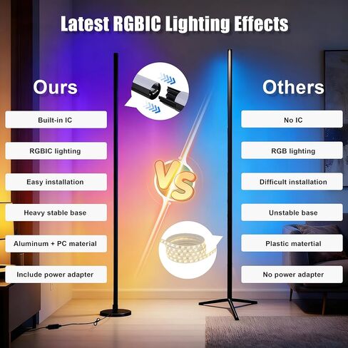 Led Corner Lamp – Bonus RGB TV Backlight – RGBIC Corner Floor Lamp with 16M+ Colors, 300+ Effects, Music Sync, 5V/2A Adapter, Perfect Ambient Lighting for Living Room, Bedroom & Gaming Setup in Saudi Arabia