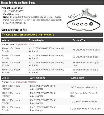 Timing Belt Kit and Water Pump - Compatible with 1999-2004 Nissan Frontier 3.3L V6 in Saudi Arabia