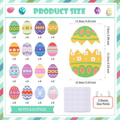 FOBSME 96 Pcs Paper Easter Egg Cutouts Colorful Easter Egg Bulletin Board Decorations 3 Size DIY Eggs Paper Cutouts with Glue Points for Photo Crafts Spring Holiday Classroom Party Decor,16 Styles in Saudi Arabia