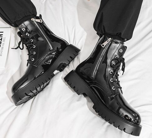 Men's Casual Motorcycle Boots, Leather Black Combat Boots Zipper Fashion in Saudi Arabia