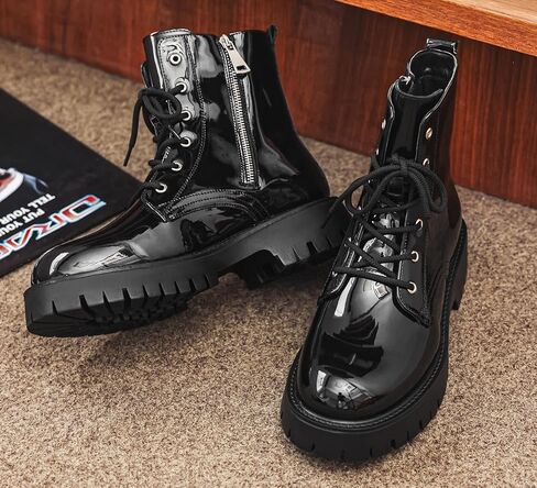 Men's Casual Motorcycle Boots, Leather Black Combat Boots Zipper Fashion in Saudi Arabia