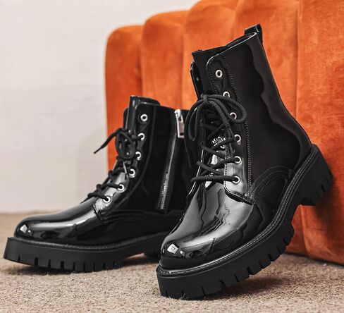 Men's Casual Motorcycle Boots, Leather Black Combat Boots Zipper Fashion in Saudi Arabia