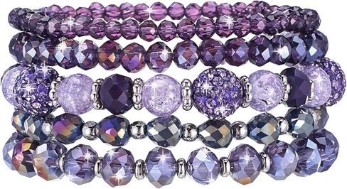 Bohemian Beaded Bracelets for Women, 5 Pcs Multilayered Boho Glass Disco Ball Faceted Crystal Stretch Bracelets, Stackable Purple Jewelry Gift for Mother's Day in Saudi Arabia