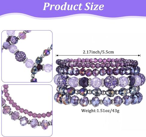 Bohemian Beaded Bracelets for Women, 5 Pcs Multilayered Boho Glass Disco Ball Faceted Crystal Stretch Bracelets, Stackable Purple Jewelry Gift for Mother's Day in Saudi Arabia