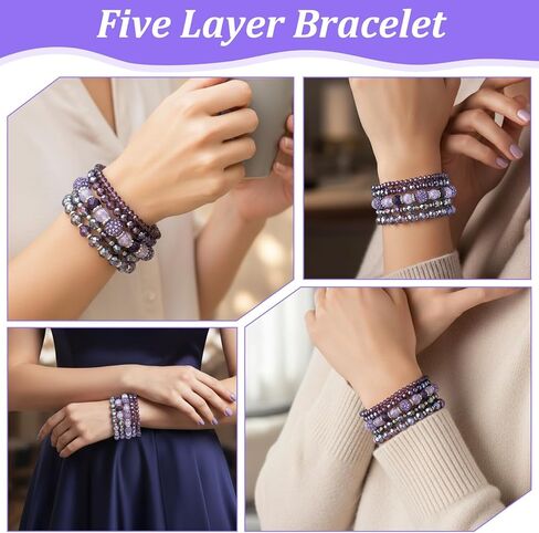 Bohemian Beaded Bracelets for Women, 5 Pcs Multilayered Boho Glass Disco Ball Faceted Crystal Stretch Bracelets, Stackable Purple Jewelry Gift for Mother's Day in Saudi Arabia