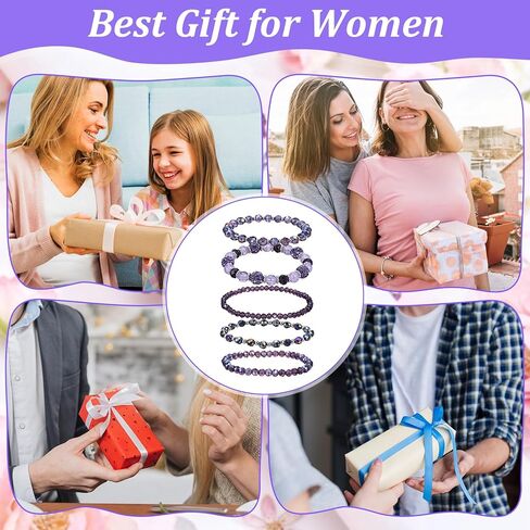 Bohemian Beaded Bracelets for Women, 5 Pcs Multilayered Boho Glass Disco Ball Faceted Crystal Stretch Bracelets, Stackable Purple Jewelry Gift for Mother's Day in Saudi Arabia