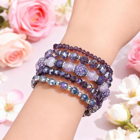 Bohemian Beaded Bracelets for Women, 5 Pcs Multilayered Boho Glass Disco Ball Faceted Crystal Stretch Bracelets, Stackable Purple Jewelry Gift for Mother's Day in Saudi Arabia