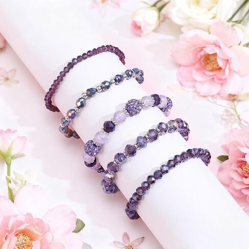 Bohemian Beaded Bracelets for Women, 5 Pcs Multilayered Boho Glass Disco Ball Faceted Crystal Stretch Bracelets, Stackable Purple Jewelry Gift for Mother's Day in Saudi Arabia
