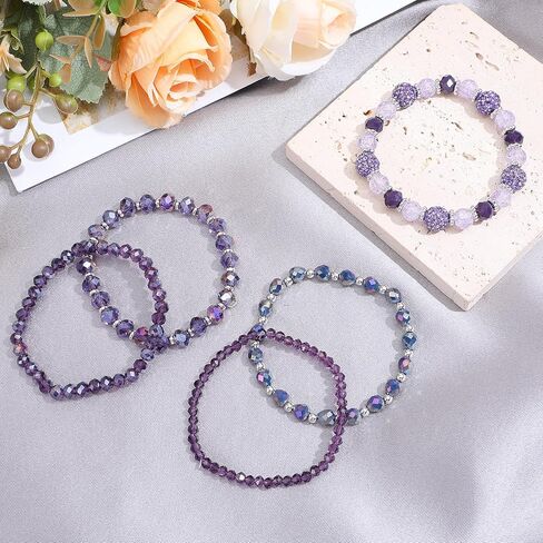 Bohemian Beaded Bracelets for Women, 5 Pcs Multilayered Boho Glass Disco Ball Faceted Crystal Stretch Bracelets, Stackable Purple Jewelry Gift for Mother's Day in Saudi Arabia