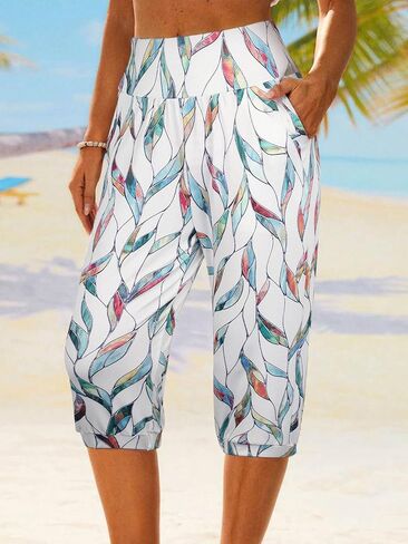 Women's Watercolor Leaf Print Capri Jogger Pants Elastic Waist Casual Trousers in Saudi Arabia