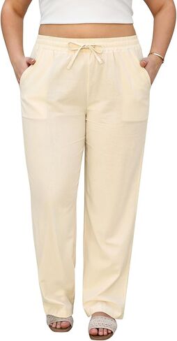 HEEKPEK إمرأة حجم كبير الكتان السراويل مستقيم الساق مرونة الخصر قابل للتعديل الرباط بالازو بناطيل كاجوال مع جيوب in Kuwait