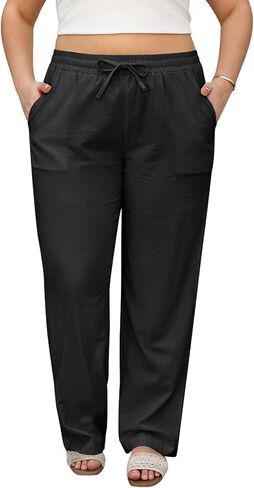 HEEKPEK Womens Plus Size Linen Pants Straight Leg Elastic Waisted Adjustable Drawstring Palazzo Casual Trousers with Pockets in Saudi Arabia