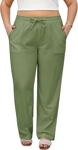 HEEKPEK Womens Plus Size Linen Pants Straight Leg Elastic Waisted Adjustable Drawstring Palazzo Casual Trousers with Pockets in Saudi Arabia