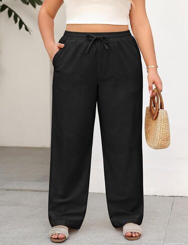 HEEKPEK Womens Plus Size Linen Pants Straight Leg Elastic Waisted Adjustable Drawstring Palazzo Casual Trousers with Pockets in Saudi Arabia