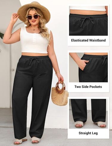 HEEKPEK Womens Plus Size Linen Pants Straight Leg Elastic Waisted Adjustable Drawstring Palazzo Casual Trousers with Pockets in Saudi Arabia