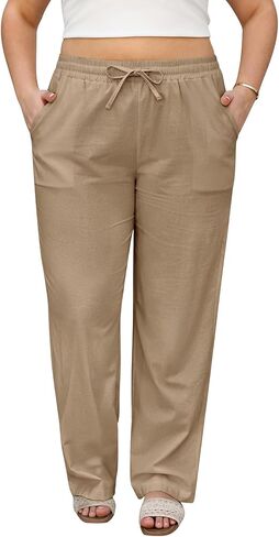 HEEKPEK Womens Plus Size Linen Pants Straight Leg Elastic Waisted Adjustable Drawstring Palazzo Casual Trousers with Pockets in Saudi Arabia