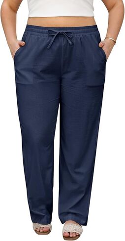 HEEKPEK Womens Plus Size Linen Pants Straight Leg Elastic Waisted Adjustable Drawstring Palazzo Casual Trousers with Pockets in Saudi Arabia