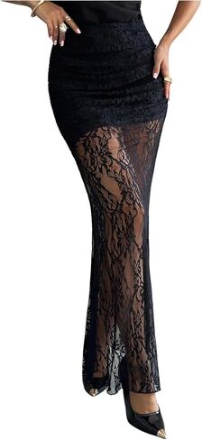 Milumia Women's Sheer Lace Maxi Skirt High Waisted See Through Y2k Goth Bodycon Long Skirts in Saudi Arabia