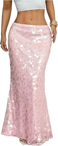 MakeMeChic Women's Sequin Maxi Skirt Sparkly Glitter Low Waist Fishtail Party Night Out Skirts in Saudi Arabia