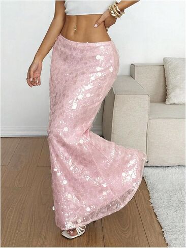 MakeMeChic Women's Sequin Maxi Skirt Sparkly Glitter Low Waist Fishtail Party Night Out Skirts in Saudi Arabia