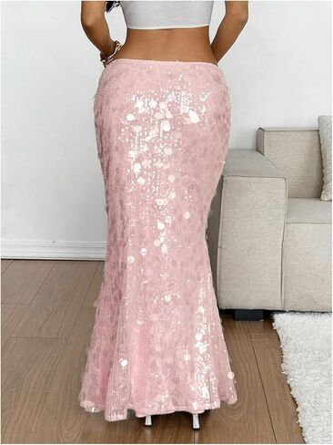 MakeMeChic Women's Sequin Maxi Skirt Sparkly Glitter Low Waist Fishtail Party Night Out Skirts in Saudi Arabia