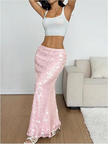 MakeMeChic Women's Sequin Maxi Skirt Sparkly Glitter Low Waist Fishtail Party Night Out Skirts in Saudi Arabia