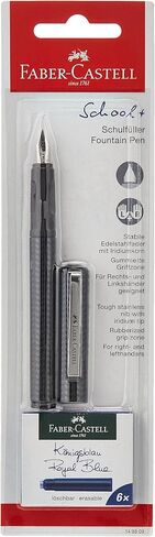 Faber-Castell Fountain Pen Carbon Design Medium Nib + 6 Blue Ink Cartridges, SCHOOL+, 149809 in Saudi Arabia