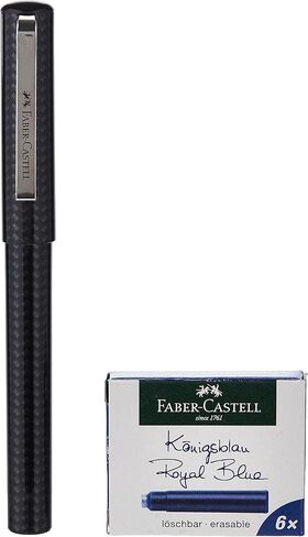 Faber-Castell Fountain Pen Carbon Design Medium Nib + 6 Blue Ink Cartridges, SCHOOL+, 149809 in Saudi Arabia