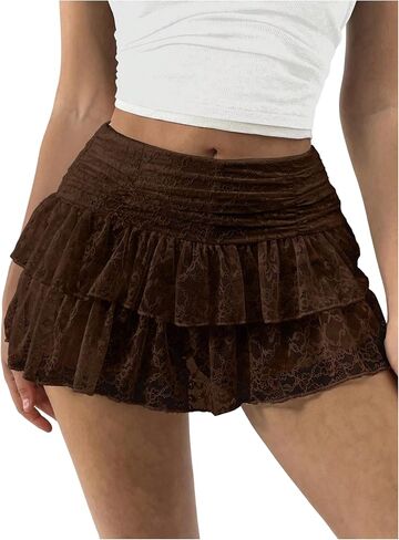 Women's Y2k Lace Layered Mini Skirt Ruched A Line Cute Ruffle Tiered Skirt in Saudi Arabia