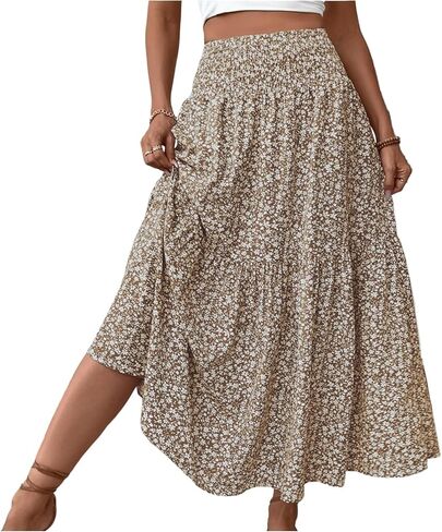 Floral Maxi Skirts for Women Smocked High Waisted A Line Long Flowy Pleated Tiered Boho Beach Skirts with Pockets in Saudi Arabia