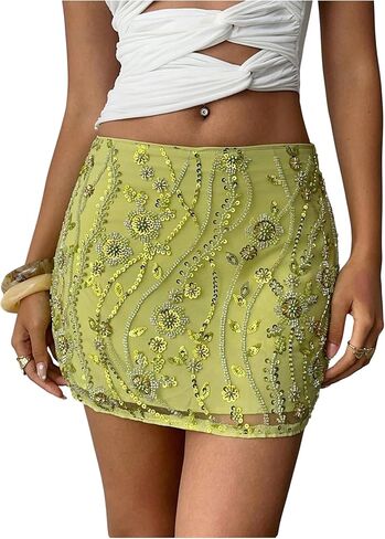 SweatyRocks Women's Sequin Skirts Floral Mesh Glitter Sparkly Y2K Mini Skirt in Saudi Arabia