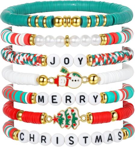 Trendy Friendship Bracelets Set - Heishi Stackable Polymer Clay Beaded Stretch Bracelets for Women: Boho, Preppy, Beach, Western,Christmas - Ideal Gifts in Saudi Arabia