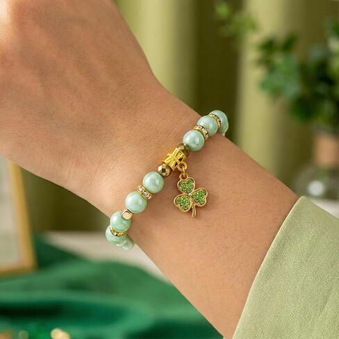 St Patricks Day Clover Bracelets For Women Irish Gifts For Women Stretch Green Beaded Bracelet Luck Leaf Shamrock Charm Blessing Shamrock Decor For Friends Irish Beaded Jewelry Gift in Saudi Arabia