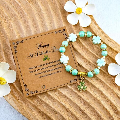 St Patricks Day Clover Bracelets For Women Irish Gifts For Women Stretch Green Beaded Bracelet Luck Leaf Shamrock Charm Blessing Shamrock Decor For Friends Irish Beaded Jewelry Gift in Saudi Arabia