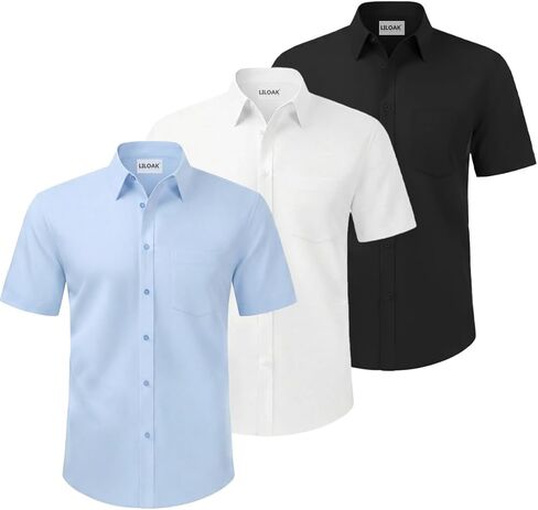 قمصان رجالي من Liloak Pack بأكمام قصيرة، قميص رجالي كلاسيكي بأزرار سفلية، قميص رسمي للعمل والزفاف in Kuwait