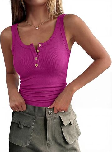 ANRABESS Tank Tops for Women Summer Basic Ribbed Henley Slim Fitted Sleeveless Cami Shirts Button Up Workout Casual Outfits in Saudi Arabia