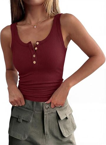 ANRABESS Tank Tops for Women Summer Basic Ribbed Henley Slim Fitted Sleeveless Cami Shirts Button Up Workout Casual Outfits in Saudi Arabia