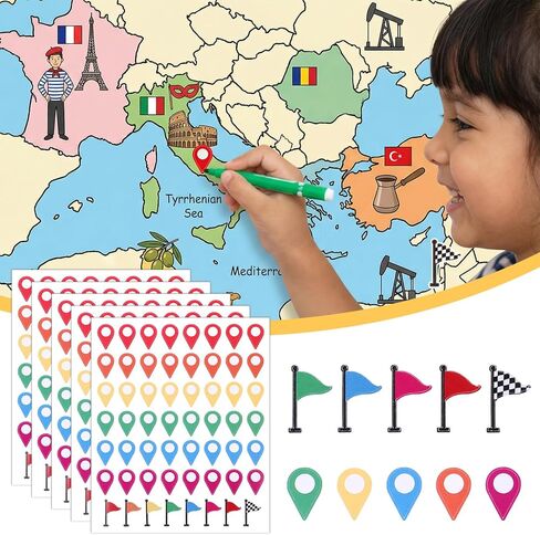 280 Pcs Map Stickers, Self-Adhesive Map Location Markers Stickers, Colorful Peel and Stick Indicator Labels Maps Pointer Markers for Marking Camping, Travel Destinations in Saudi Arabia