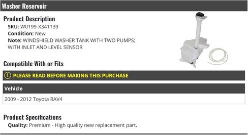 Windshield Washer Reservoir with Pumps - Compatible with 2009-2012 Toyota RAV4 in Saudi Arabia