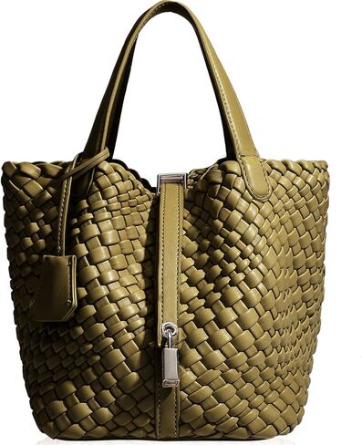 Lock Design Woven Bucket Purse for Women, Vegan Leather Tote Bags, Top Handle Handbag Shoulder Bag with Small Purses | Vegetable Basket in Saudi Arabia
