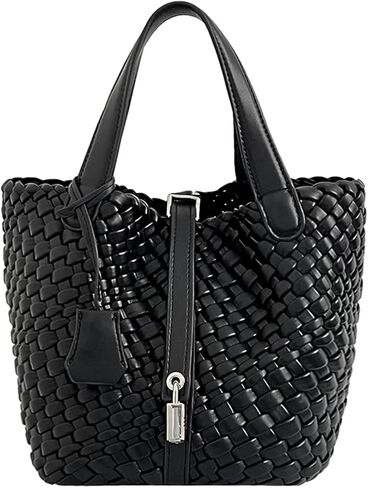 Lock Design Woven Bucket Purse for Women, Vegan Leather Tote Bags, Top Handle Handbag Shoulder Bag with Small Purses | Vegetable Basket in Saudi Arabia