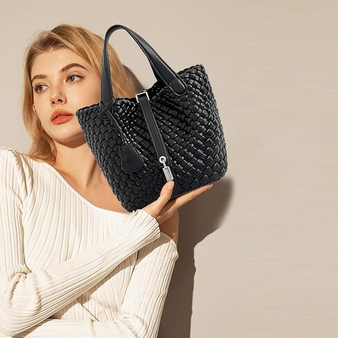 Lock Design Woven Bucket Purse for Women, Vegan Leather Tote Bags, Top Handle Handbag Shoulder Bag with Small Purses | Vegetable Basket in Saudi Arabia