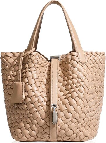 Lock Design Woven Bucket Purse for Women, Vegan Leather Tote Bags, Top Handle Handbag Shoulder Bag with Small Purses | Vegetable Basket in Saudi Arabia