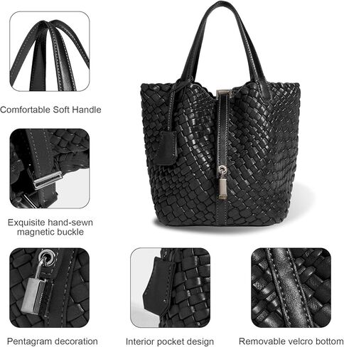Lock Design Woven Bucket Purse for Women, Vegan Leather Tote Bags, Top Handle Handbag Shoulder Bag with Small Purses | Vegetable Basket in Saudi Arabia