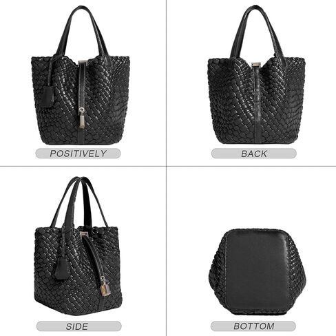 Lock Design Woven Bucket Purse for Women, Vegan Leather Tote Bags, Top Handle Handbag Shoulder Bag with Small Purses | Vegetable Basket in Saudi Arabia