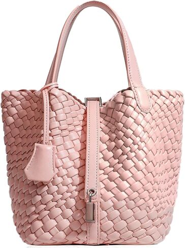 Lock Design Woven Bucket Purse for Women, Vegan Leather Tote Bags, Top Handle Handbag Shoulder Bag with Small Purses | Vegetable Basket in Saudi Arabia