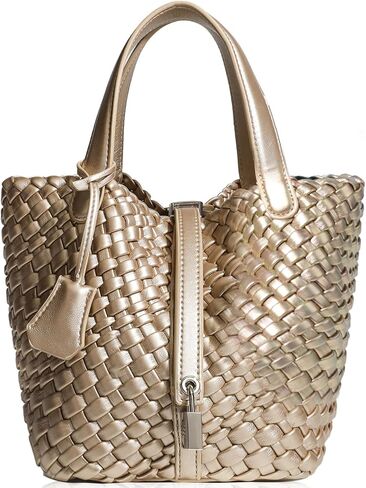 Lock Design Woven Bucket Purse for Women, Vegan Leather Tote Bags, Top Handle Handbag Shoulder Bag with Small Purses | Vegetable Basket in Saudi Arabia
