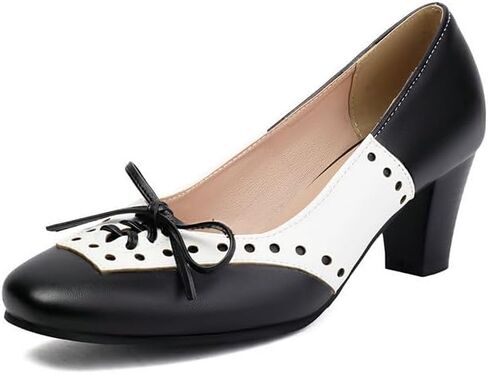 حذاء نسائي بكعب عالٍ من Mary Jane بدرجتين من اللون الكلاسيكي والرجعي Wingtip 1950s حذاء كلاسيكي مربع مغلق عند الأصابع مع فيونكة in Kuwait