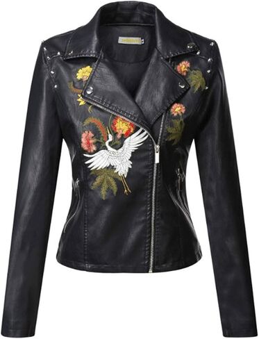 ebossy Women's Embroidery Crane Faux Leather Studded Moto Biker Jacket in Saudi Arabia